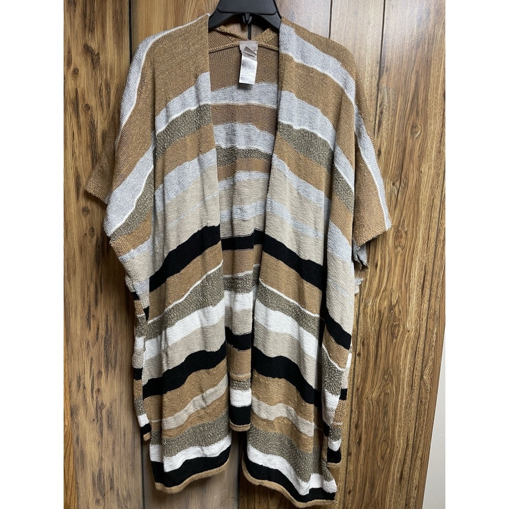 Chicos Tan White Black One Size Stripe Shawl Sweater Womens‎ Luxury